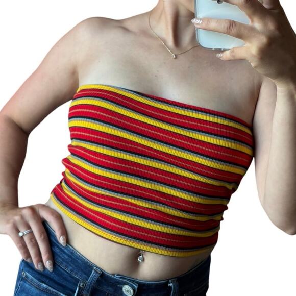 Windsor M Red Yellow Stripe Strapless Ribbed Cropped Tube Top - Picture 1 of 6